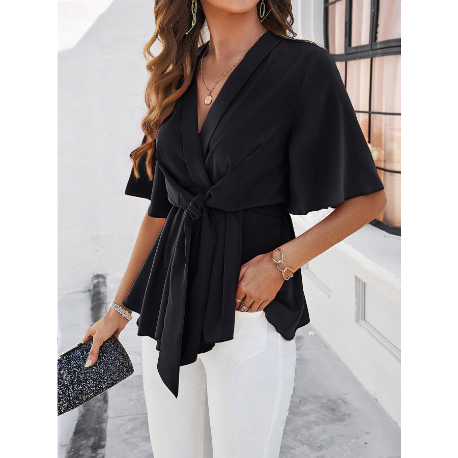 Surplice Tie Waist Half Sleeve Blouse Apparel and Accessories