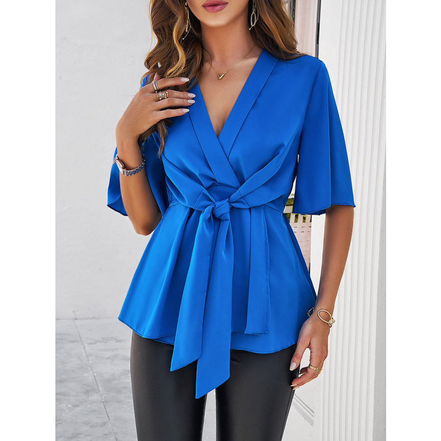 Surplice Tie Waist Half Sleeve Blouse Apparel and Accessories