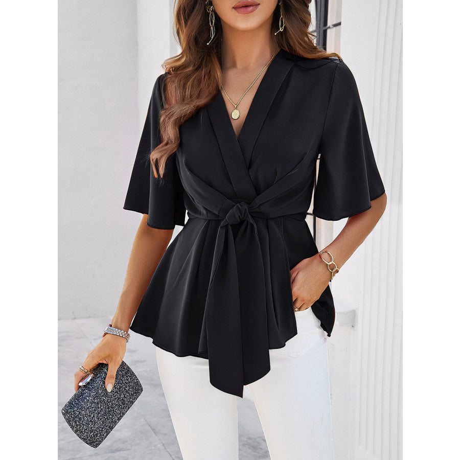 Surplice Tie Waist Half Sleeve Blouse Apparel and Accessories