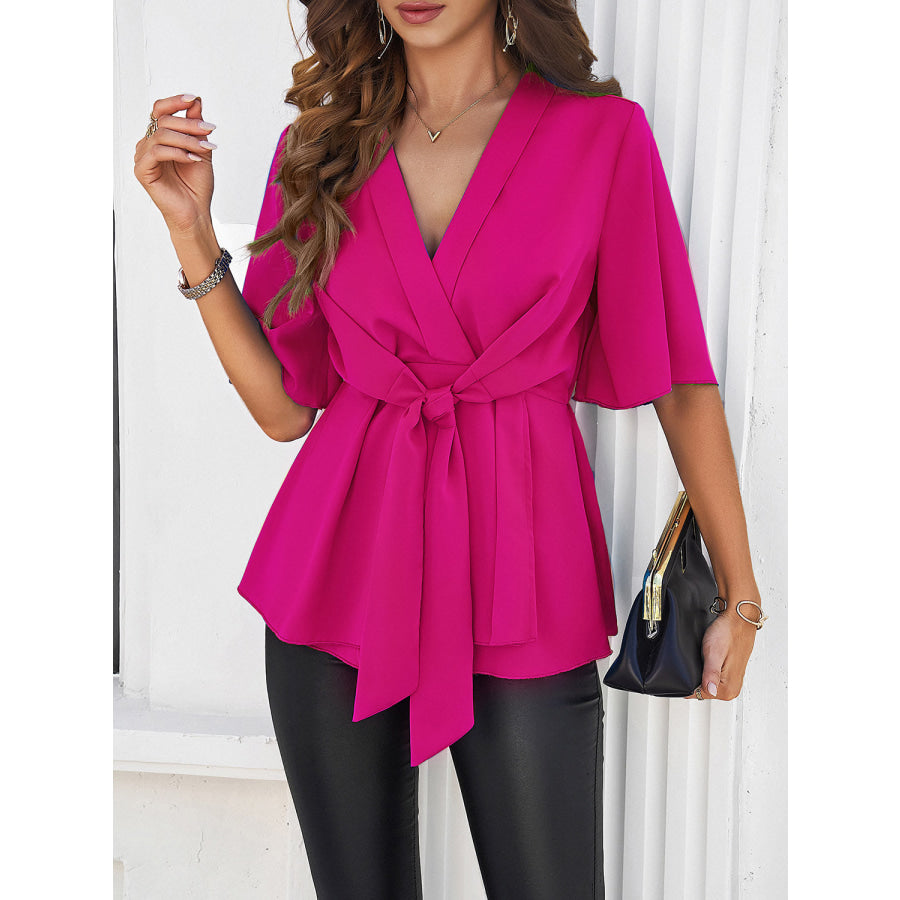 Surplice Tie Waist Half Sleeve Blouse Apparel and Accessories