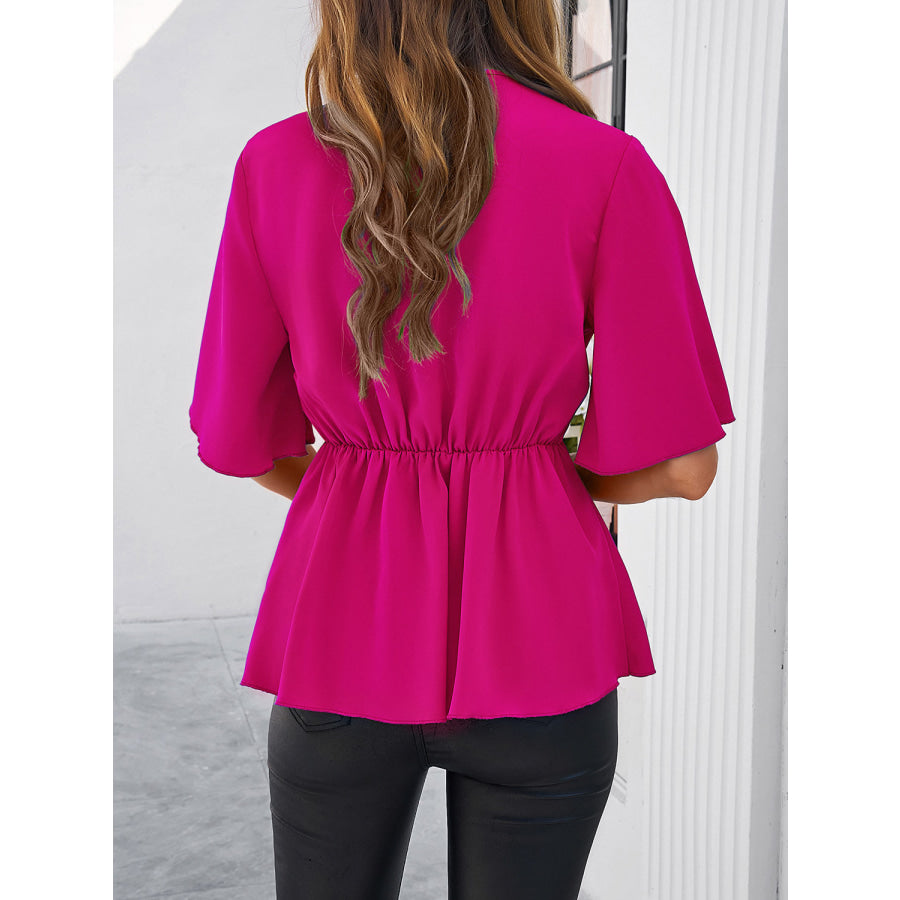 Surplice Tie Waist Half Sleeve Blouse Apparel and Accessories