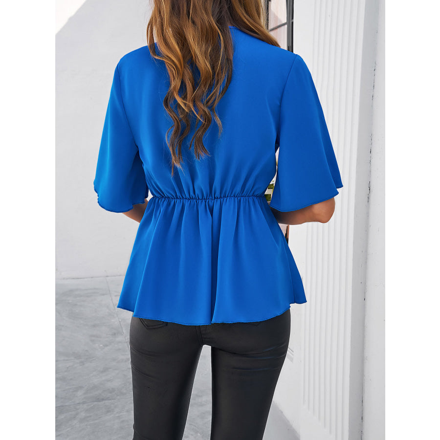 Surplice Tie Waist Half Sleeve Blouse Apparel and Accessories