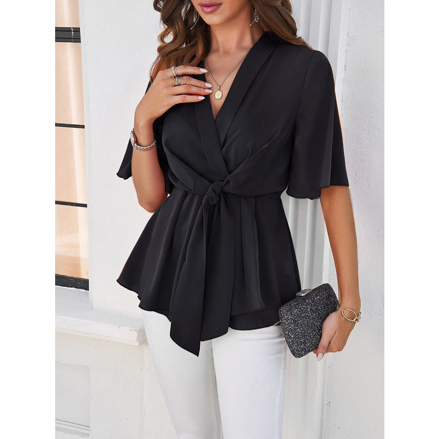 Surplice Tie Waist Half Sleeve Blouse Black / S Apparel and Accessories