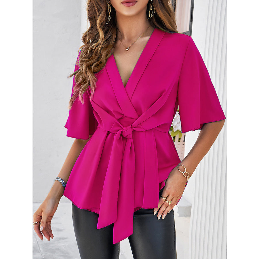 Surplice Tie Waist Half Sleeve Blouse Hot Pink / S Apparel and Accessories