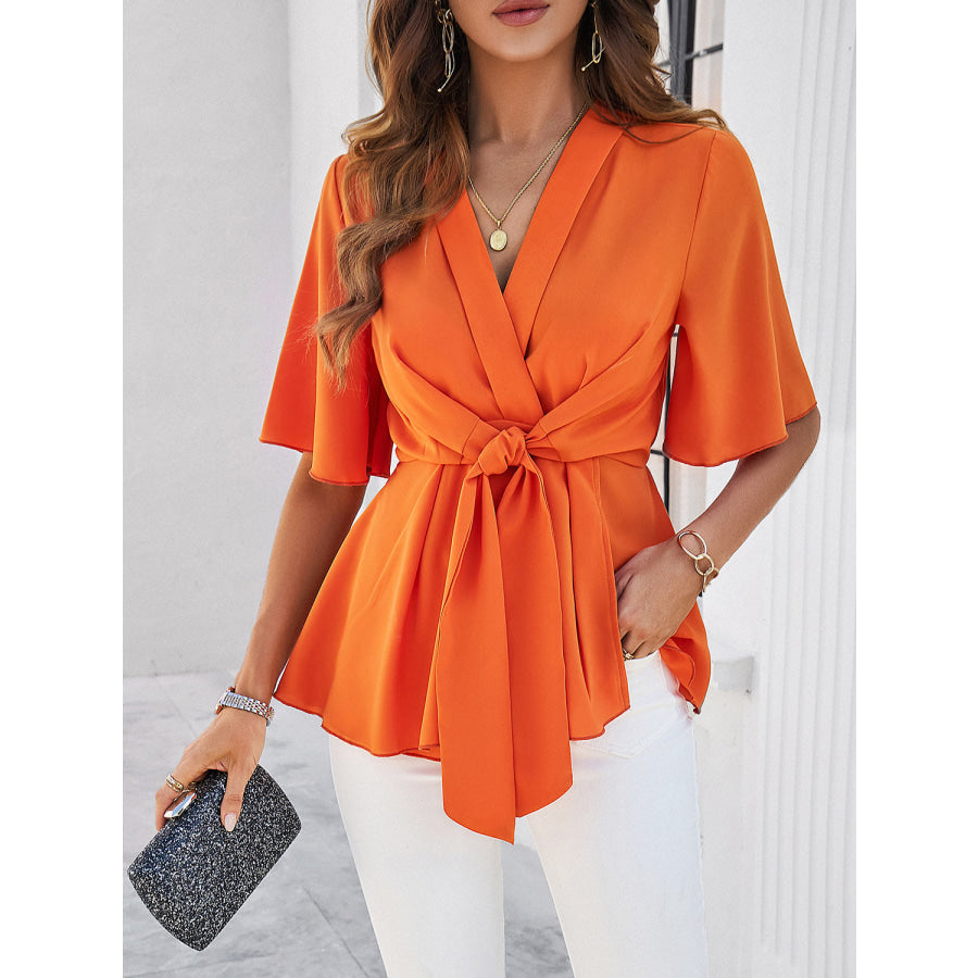 Surplice Tie Waist Half Sleeve Blouse Pumpkin / S Apparel and Accessories