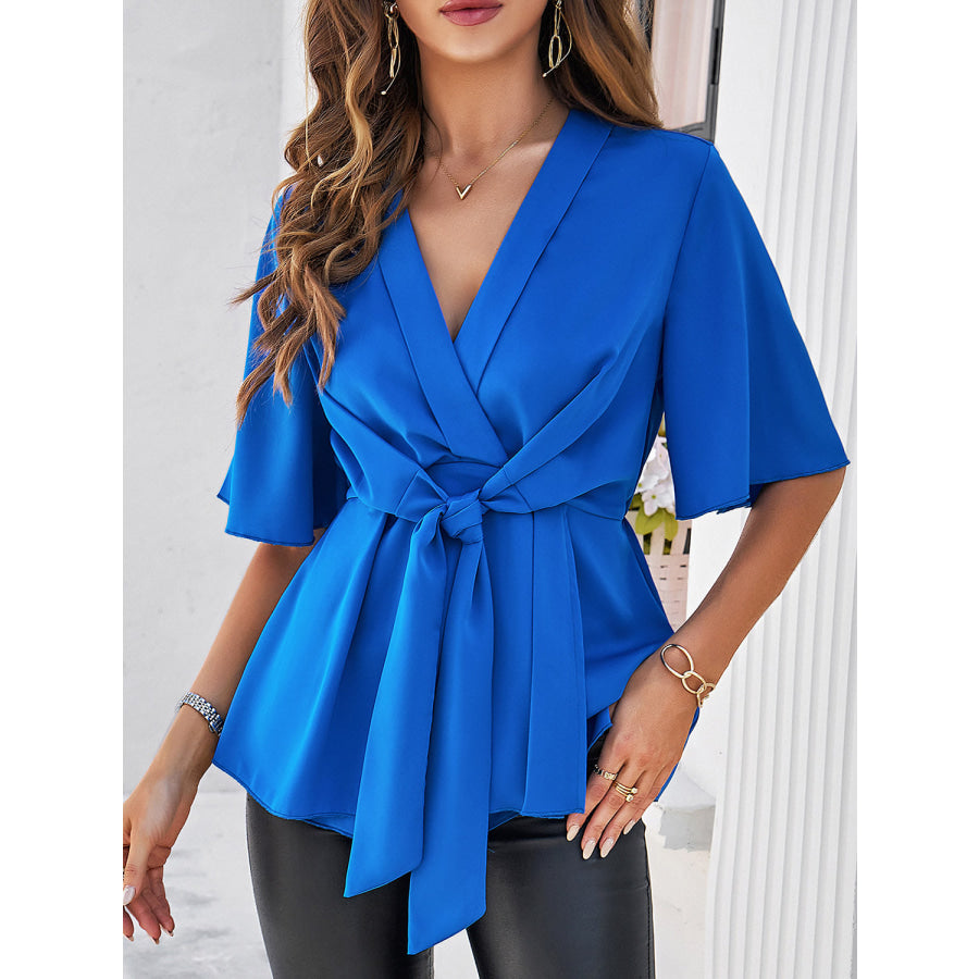 Surplice Tie Waist Half Sleeve Blouse Ultra marine / S Apparel and Accessories