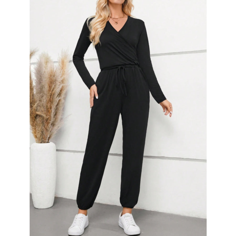 Surplice Tie Waist Long Sleeve Jumpsuit Apparel and Accessories