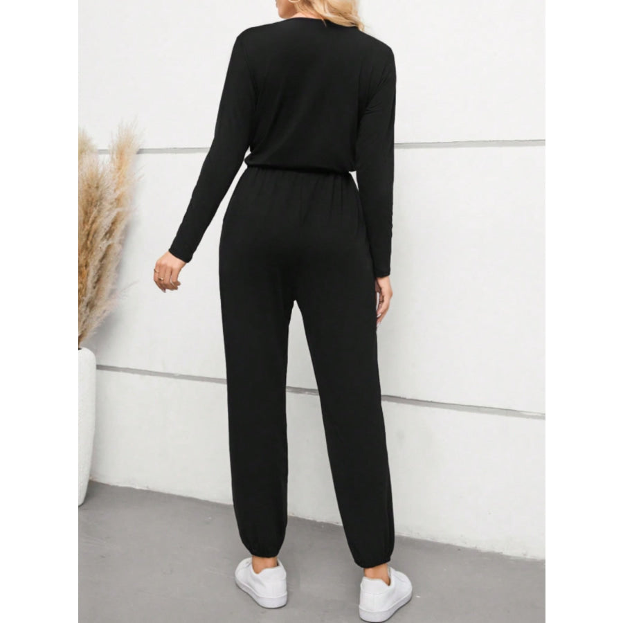 Surplice Tie Waist Long Sleeve Jumpsuit Apparel and Accessories