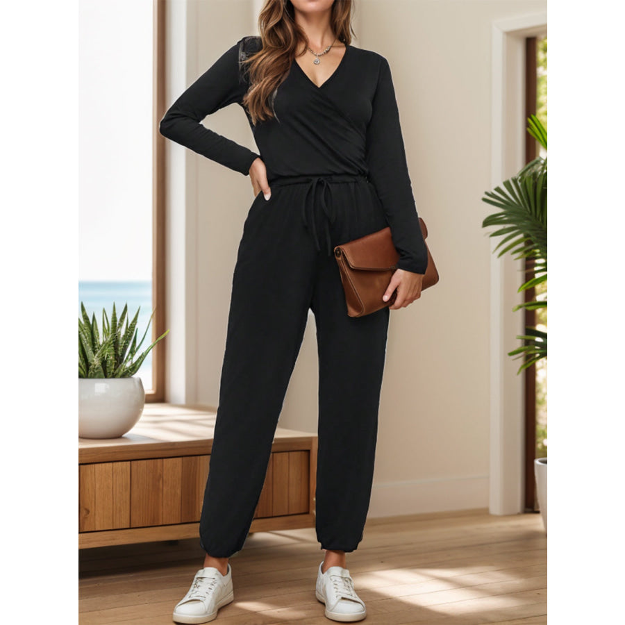 Surplice Tie Waist Long Sleeve Jumpsuit Black / S Apparel and Accessories