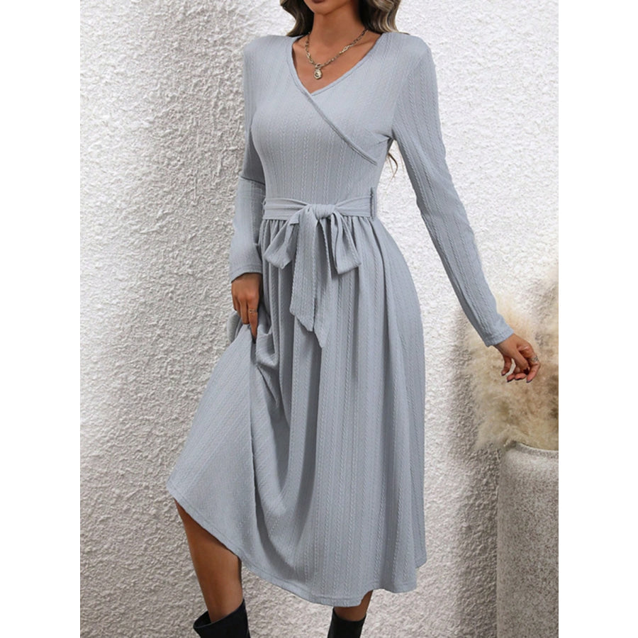 Surplice Tie Waist Long Sleeve Midi Dress Apparel and Accessories