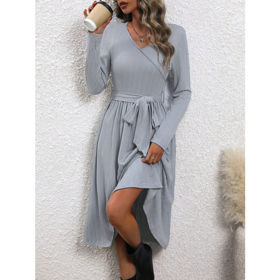 Surplice Tie Waist Long Sleeve Midi Dress Apparel and Accessories