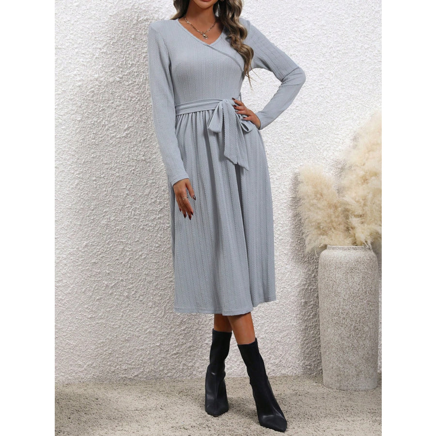 Surplice Tie Waist Long Sleeve Midi Dress Apparel and Accessories