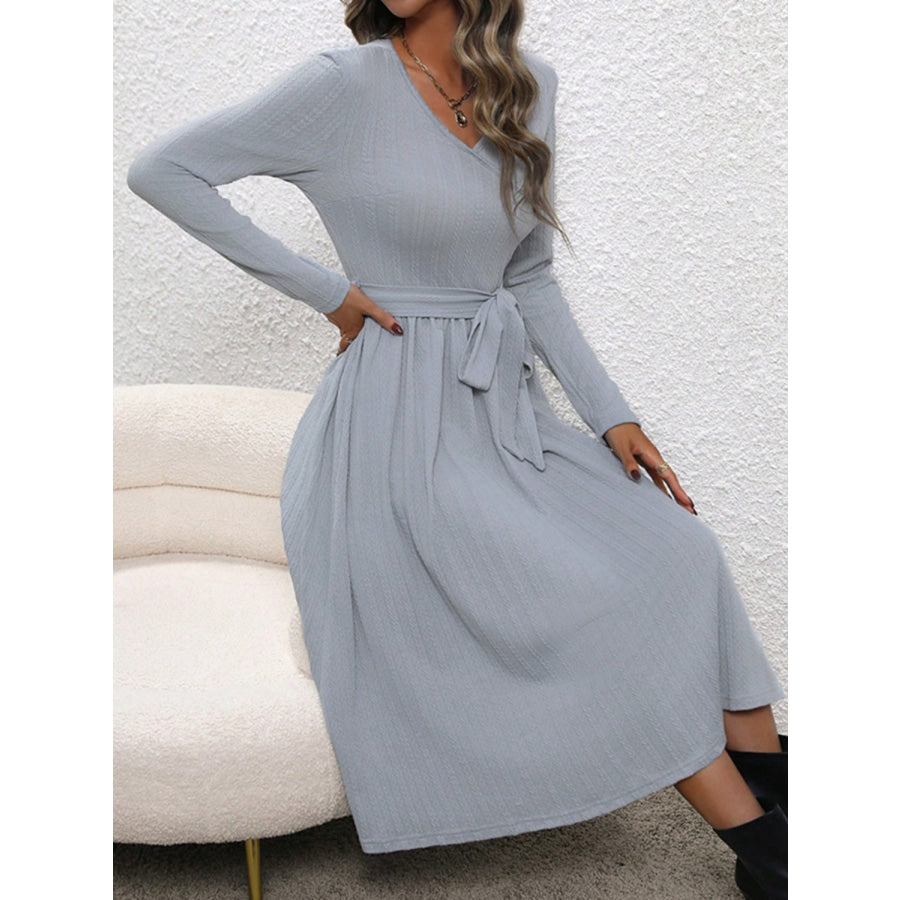 Surplice Tie Waist Long Sleeve Midi Dress Apparel and Accessories