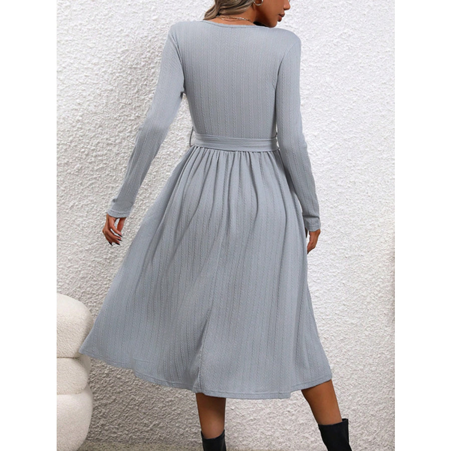 Surplice Tie Waist Long Sleeve Midi Dress Apparel and Accessories