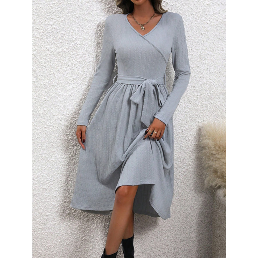 Surplice Tie Waist Long Sleeve Midi Dress Gray / S Apparel and Accessories