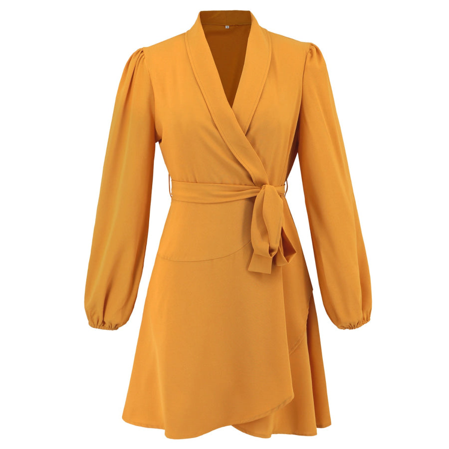Surplice Tie Waist Long Sleeve Mini Dress Apparel and Accessories
