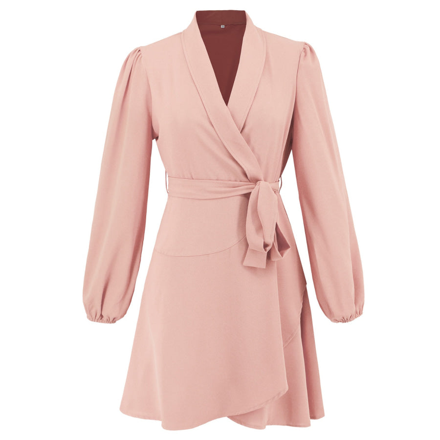 Surplice Tie Waist Long Sleeve Mini Dress Apparel and Accessories