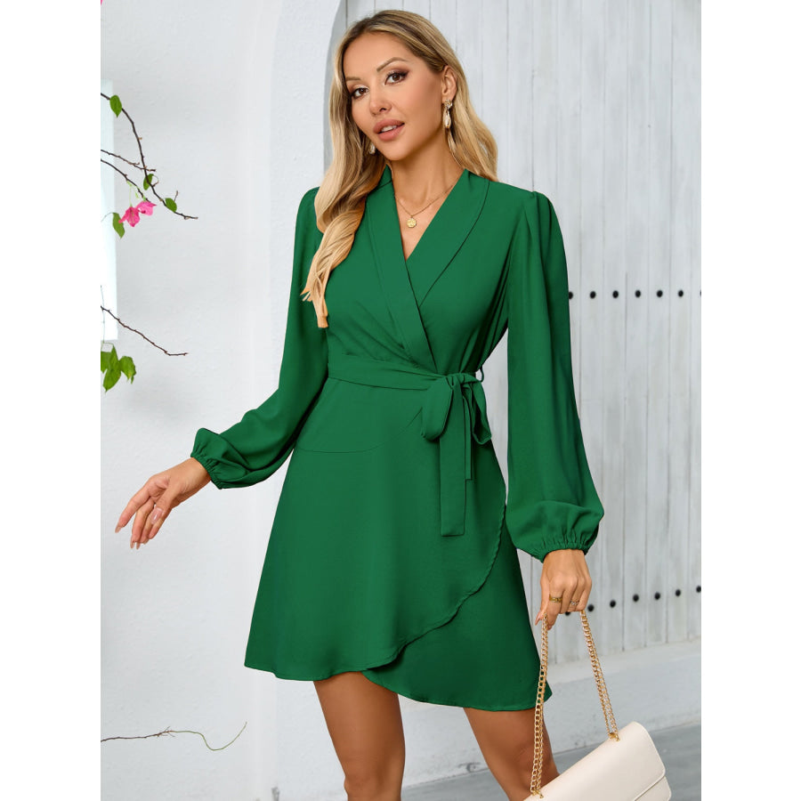 Surplice Tie Waist Long Sleeve Mini Dress Apparel and Accessories