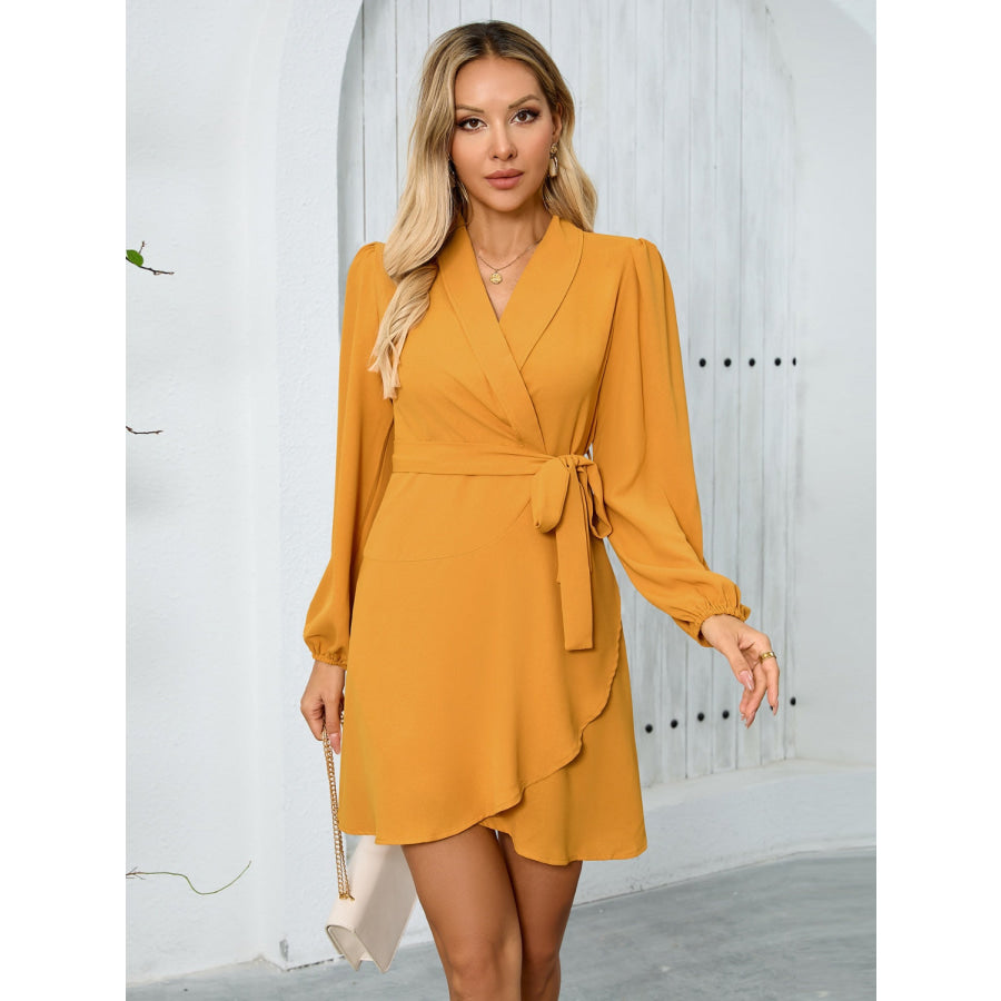 Surplice Tie Waist Long Sleeve Mini Dress Gold / S Apparel and Accessories