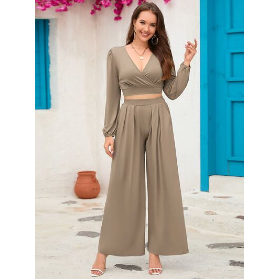 Surplice Top and Wide Leg Pants Set Apparel Accessories