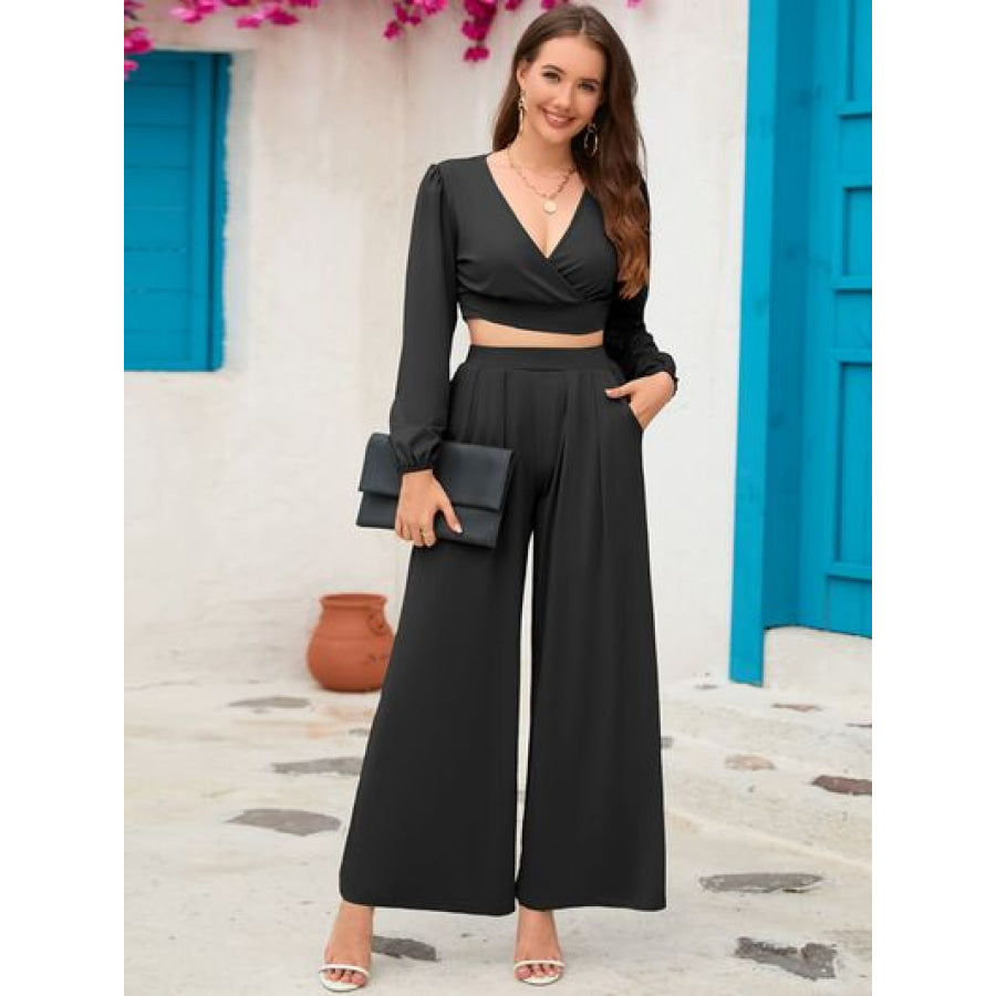 Surplice Top and Wide Leg Pants Set Apparel Accessories