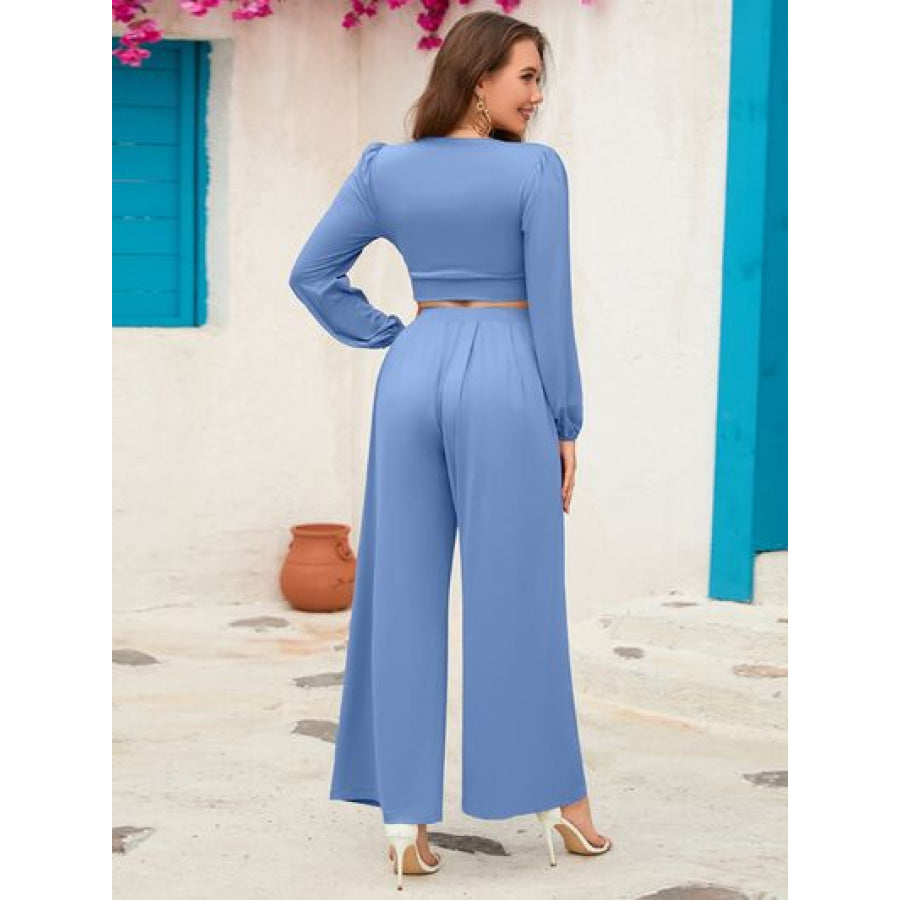 Surplice Top and Wide Leg Pants Set Apparel Accessories