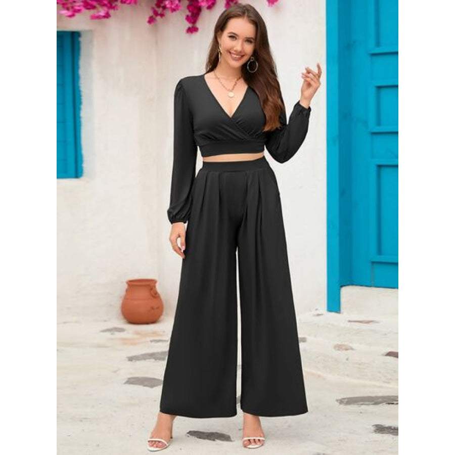 Surplice Top and Wide Leg Pants Set Apparel Accessories