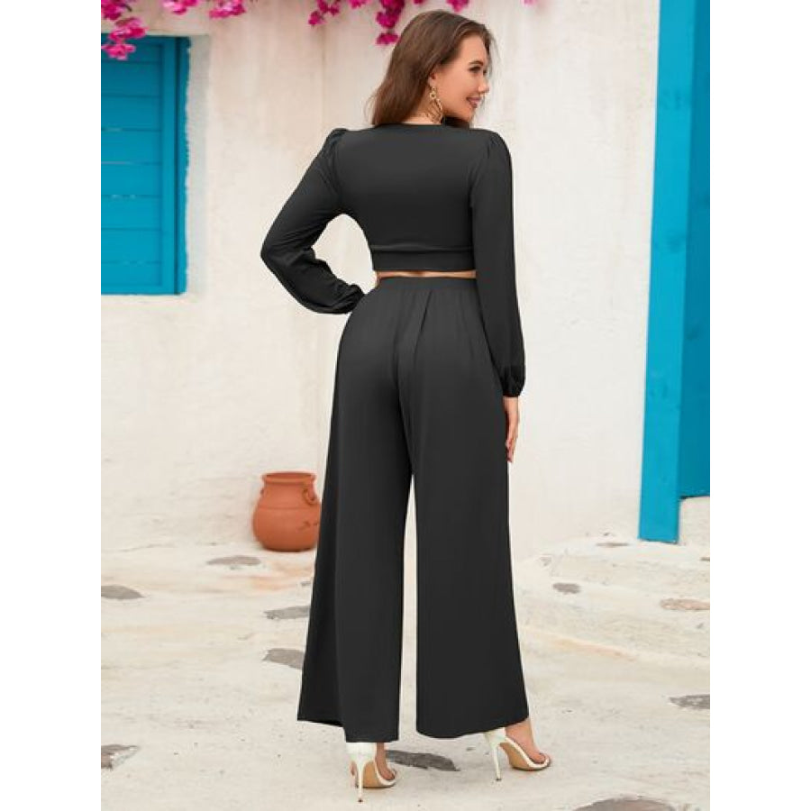 Surplice Top and Wide Leg Pants Set Apparel Accessories