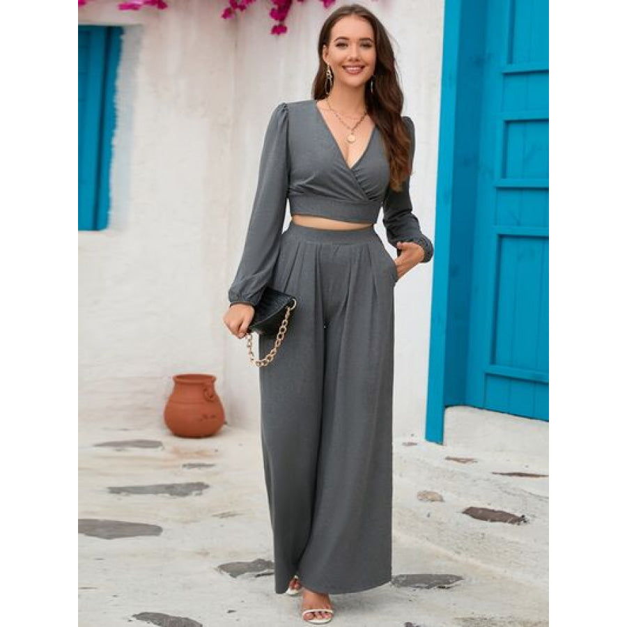 Surplice Top and Wide Leg Pants Set Apparel Accessories