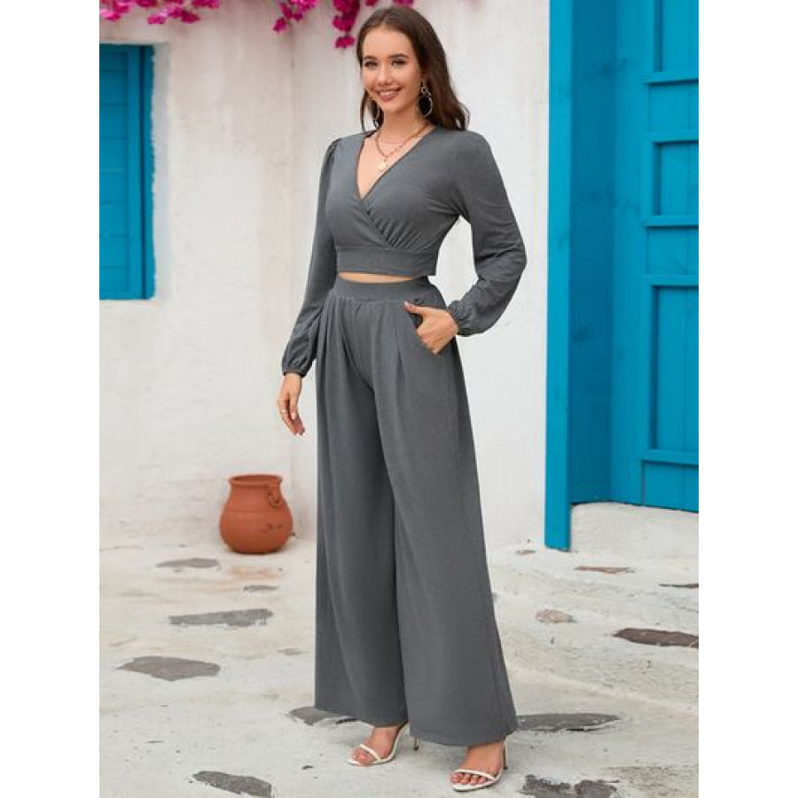 Surplice Top and Wide Leg Pants Set Apparel Accessories