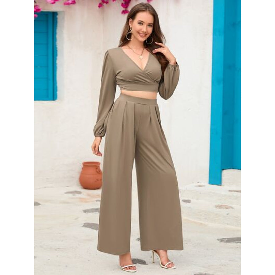 Surplice Top and Wide Leg Pants Set Apparel Accessories