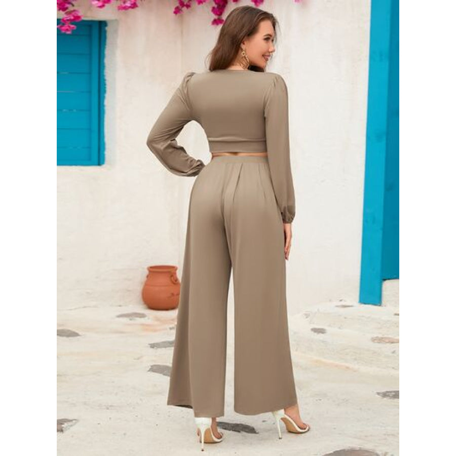 Surplice Top and Wide Leg Pants Set Apparel Accessories