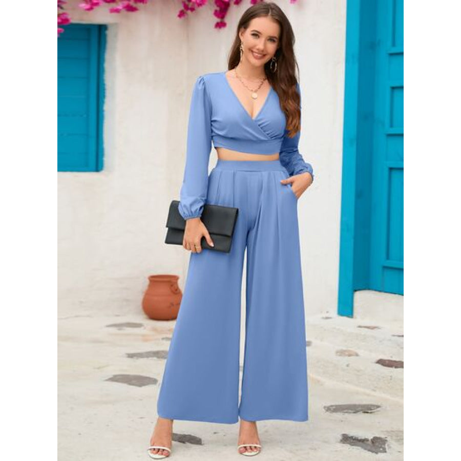 Surplice Top and Wide Leg Pants Set Apparel Accessories