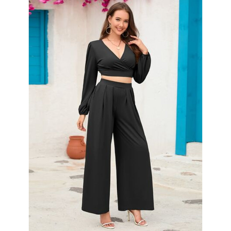 Surplice Top and Wide Leg Pants Set Apparel Accessories