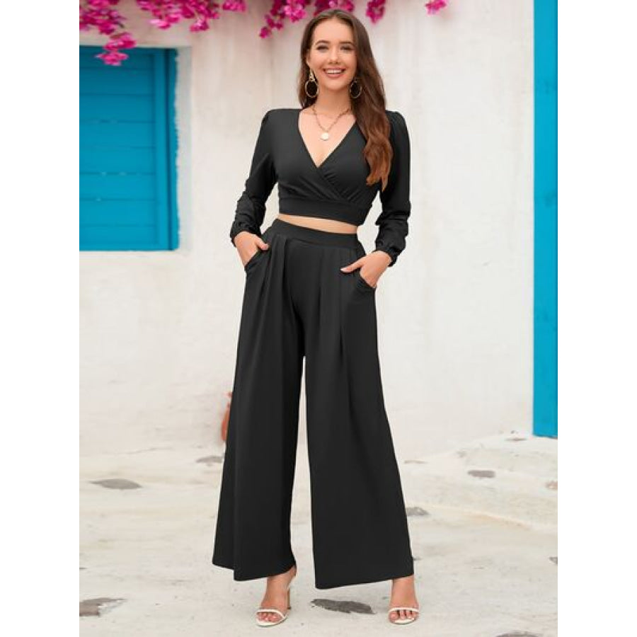 Surplice Top and Wide Leg Pants Set Black / S Apparel Accessories