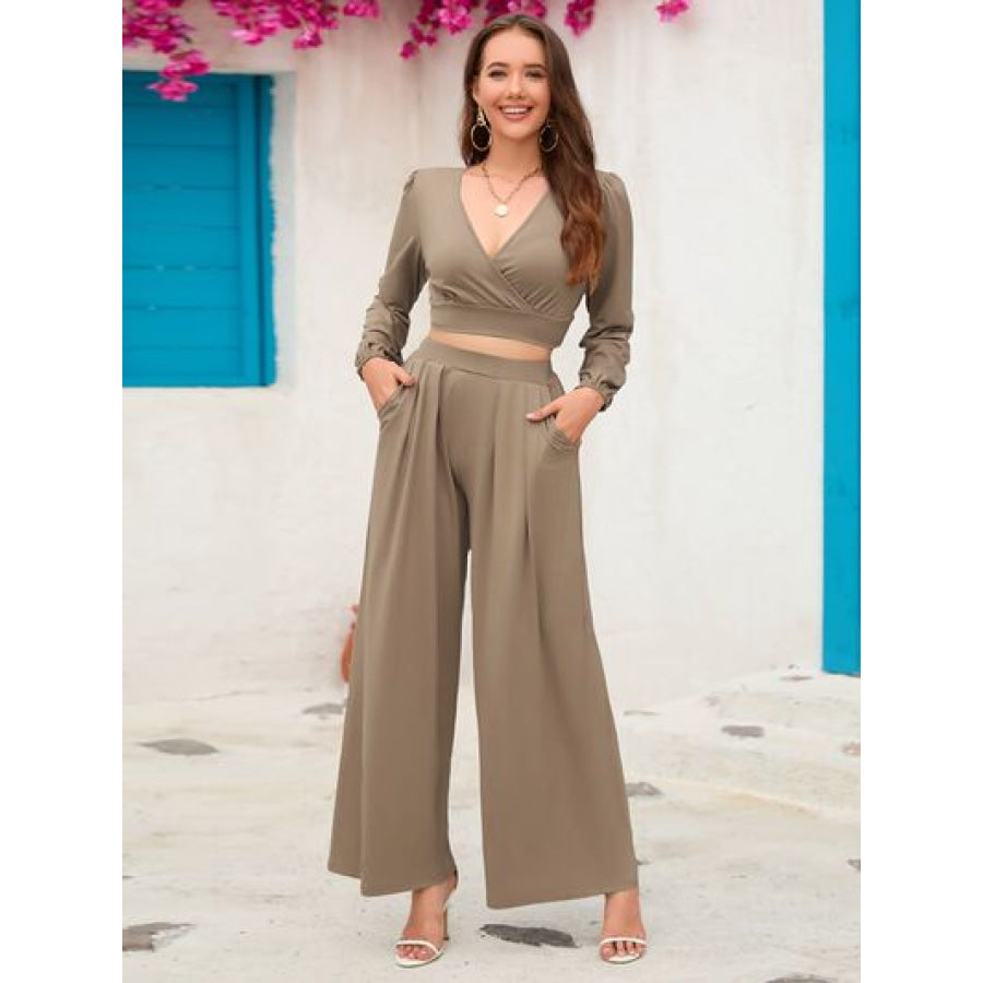 Surplice Top and Wide Leg Pants Set Camel / S Apparel Accessories