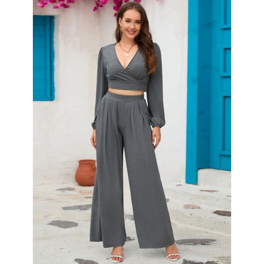 Surplice Top and Wide Leg Pants Set Charcoal / S Apparel Accessories