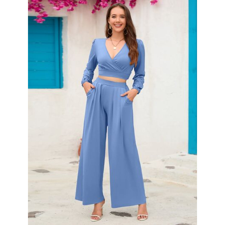 Surplice Top and Wide Leg Pants Set Dusty Blue / S Apparel Accessories