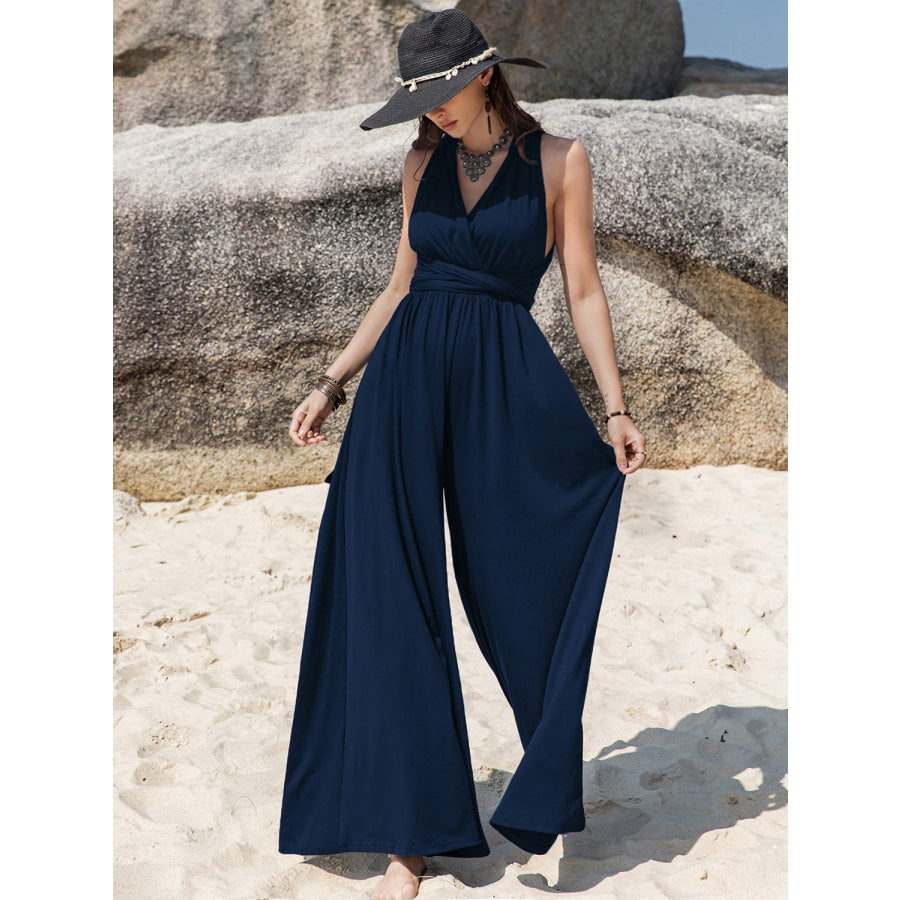 Surplice Wide Leg Jumpsuit with Free Tie Apparel and Accessories