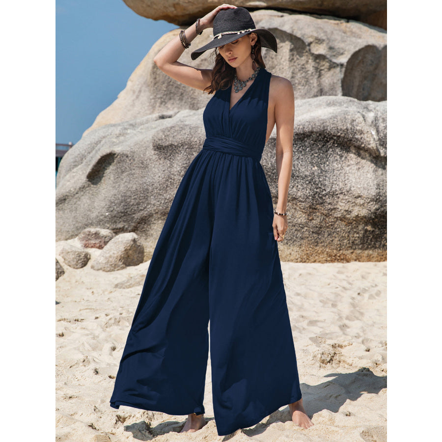 Surplice Wide Leg Jumpsuit with Free Tie Dark Blue / S Apparel and Accessories