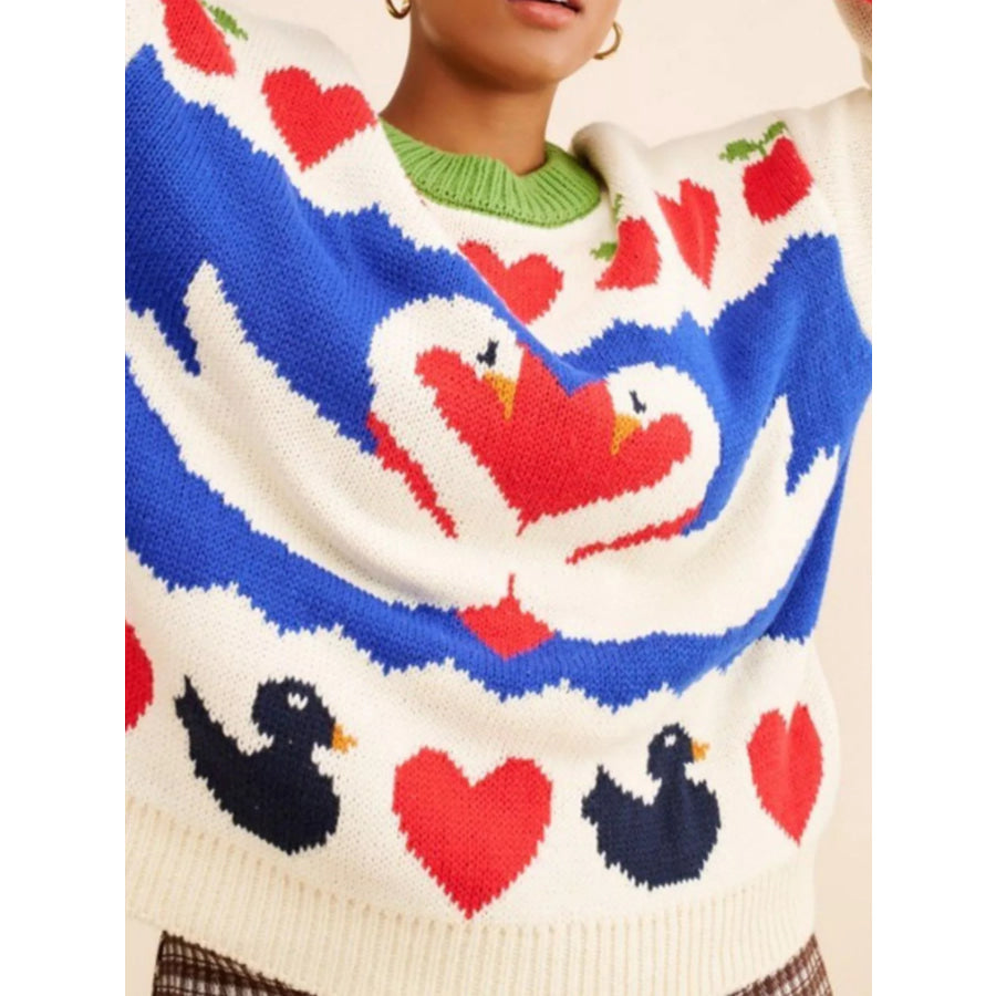Swan Heart Pattern Round Neck Sweater Apparel and Accessories