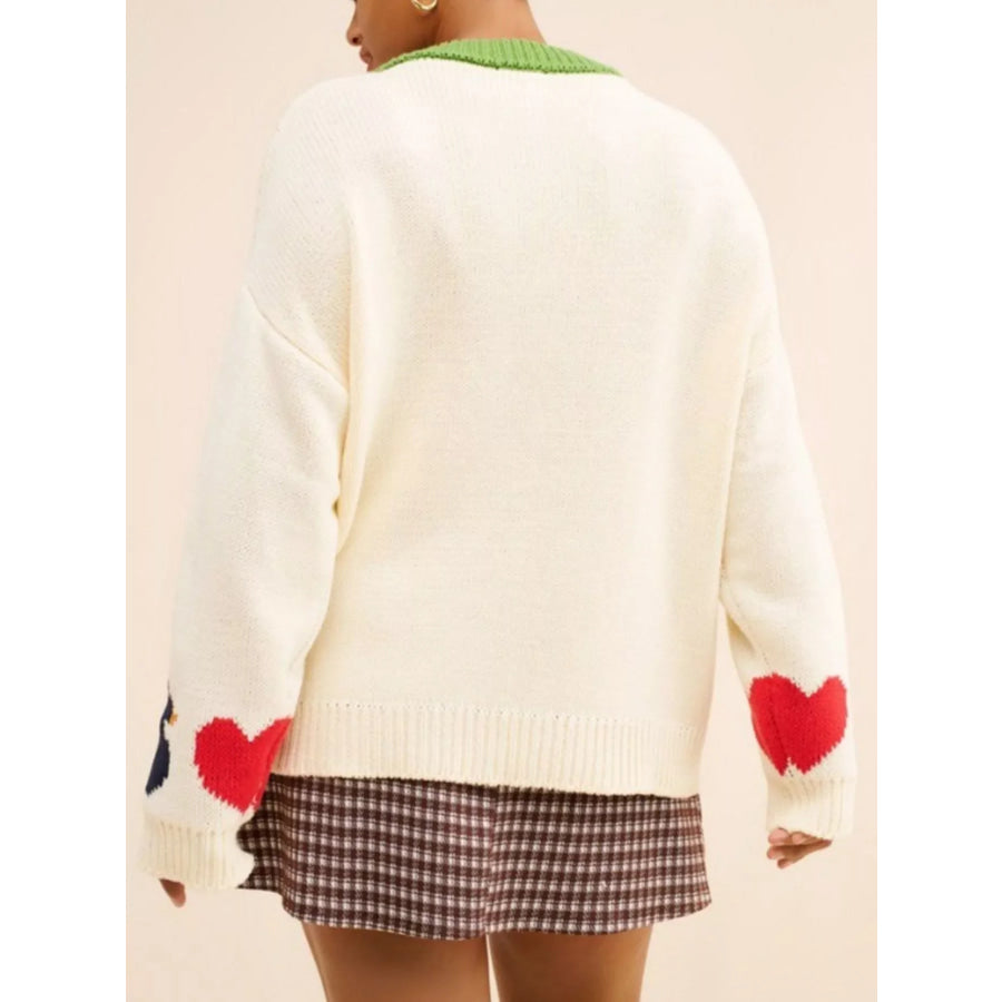Swan Heart Pattern Round Neck Sweater Apparel and Accessories