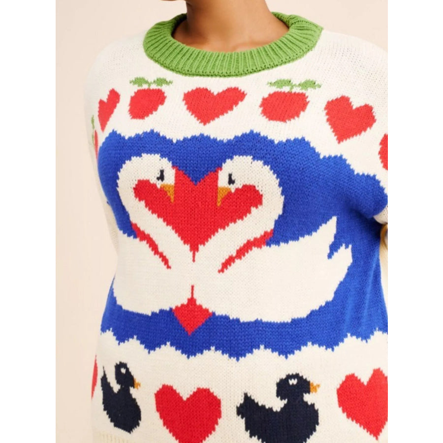 Swan Heart Pattern Round Neck Sweater Apparel and Accessories
