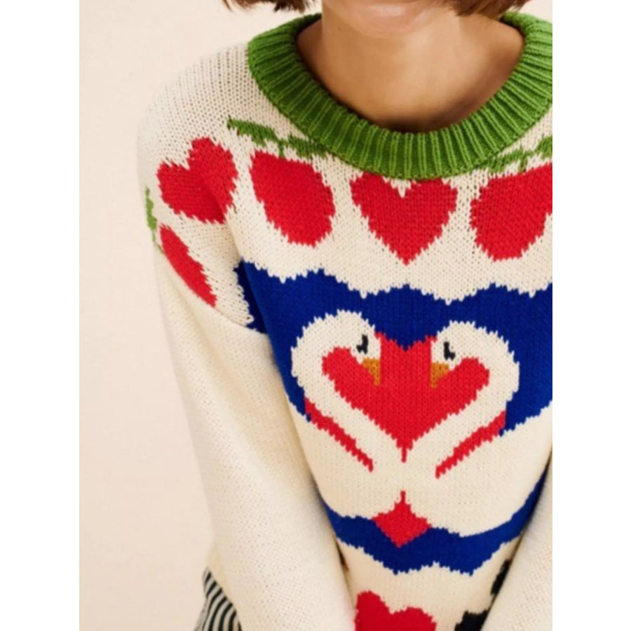 Swan Heart Pattern Round Neck Sweater Apparel and Accessories