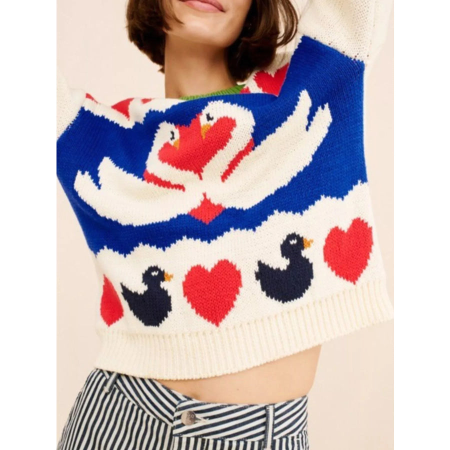 Swan Heart Pattern Round Neck Sweater Apparel and Accessories