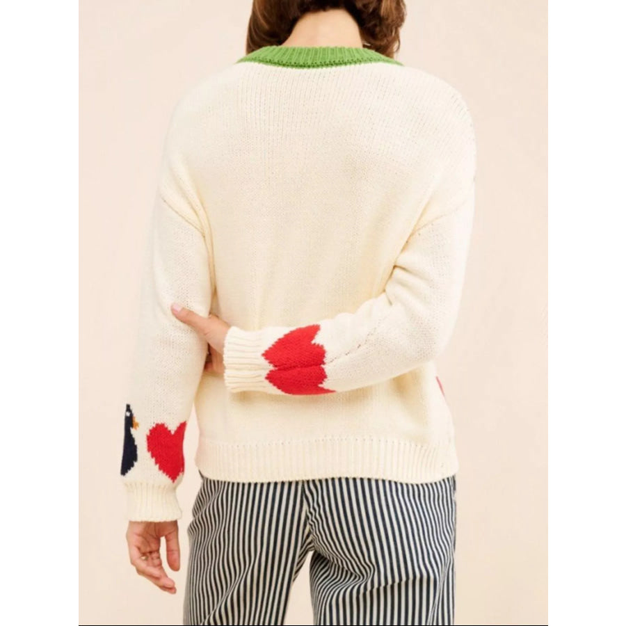 Swan Heart Pattern Round Neck Sweater Apparel and Accessories
