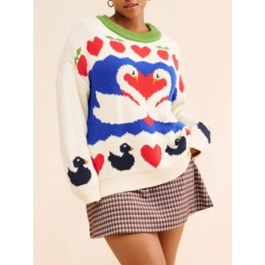 Swan Heart Pattern Round Neck Sweater Beige / S Apparel and Accessories