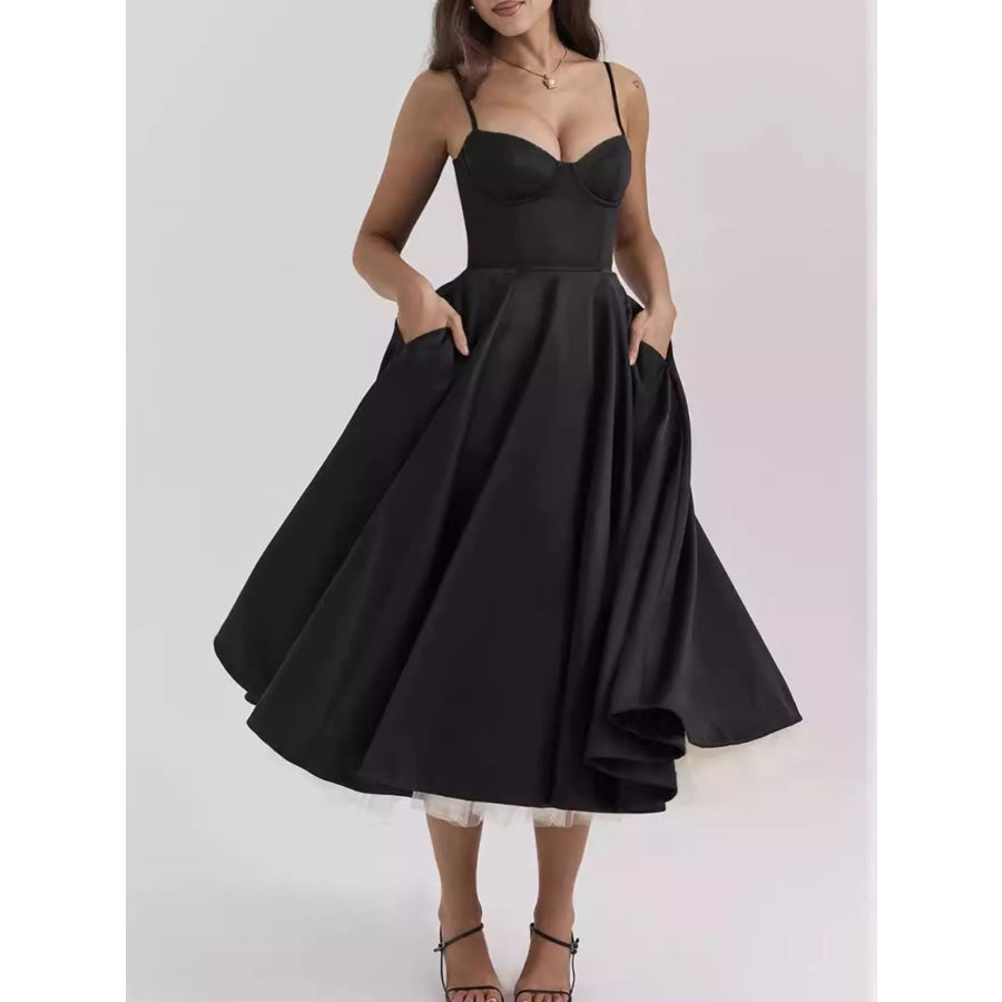 Sweetheart Neck A-Line Midi Dress Black / S Apparel and Accessories