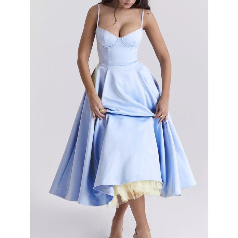 Sweetheart Neck A-Line Midi Dress Light Blue / S Apparel and Accessories