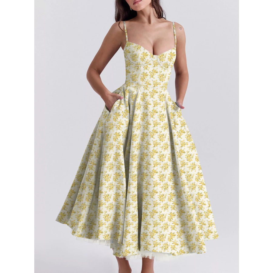 Sweetheart Neck A-Line Midi Dress Light Yellow / S Apparel and Accessories
